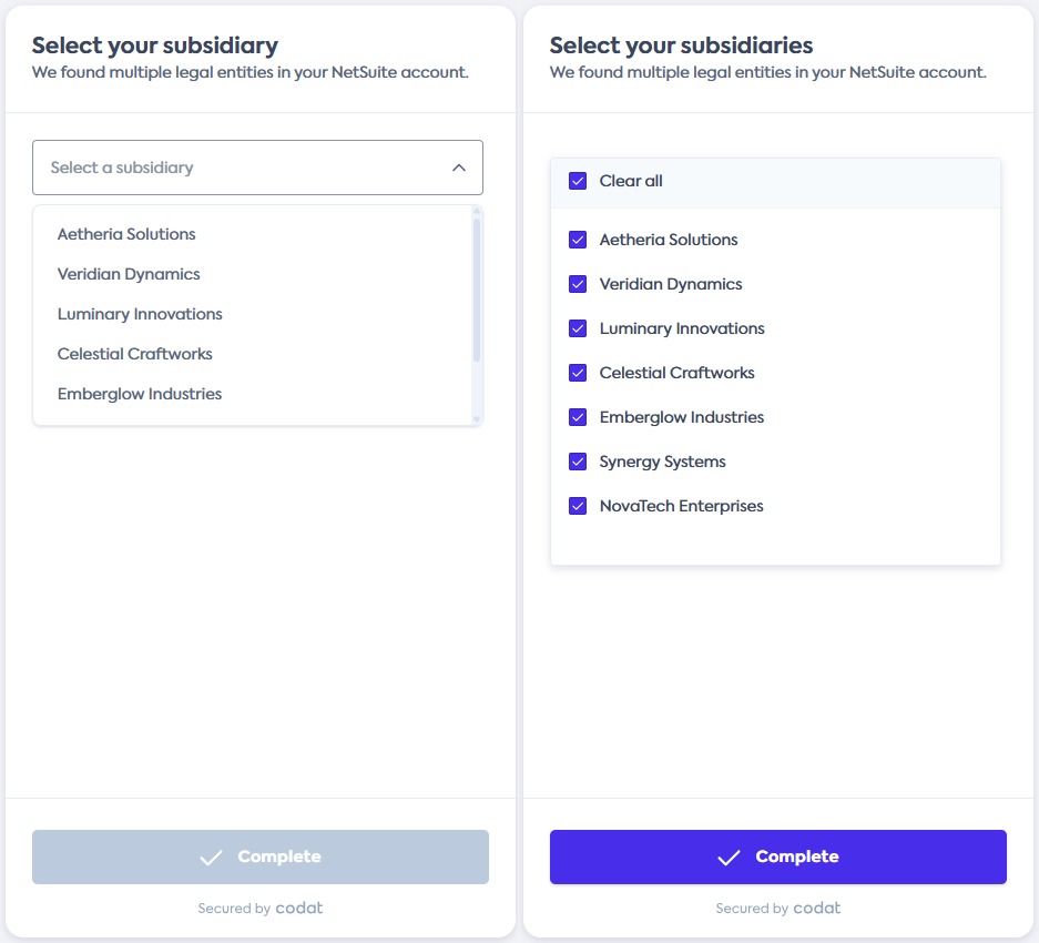 A comparison screenshot that shows the difference of the connection flow with the multi-entity setting toggled off and on. Without the setting, the screen displays a dropdown list of multiple entities found in a NetSuite account, and it's only possible to select one entity. With the setting toggled on, the screen displays a checklist of multiple entities found in a NetSuite account and all entities are selected.